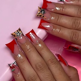 Red French Tip Fake Nails Duck Mouth Press on Nails Medium Pink Full Cover Glue on Nails with Stars Charms Designs Acrylic False Nails Duck y2k Artificial Nails 24Pcs Stick on Nails for Women