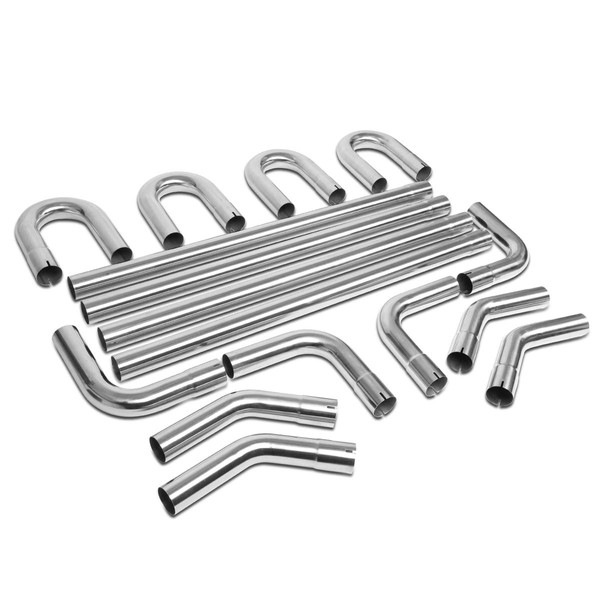 DNA Motoring ZTL-25SS 16 Pcs 2.5 Inches Stainless Steel DIY Custom Exhaust Tubing Mandrel Bend Pipe Straight & U-Bend Kit, Universal Fit