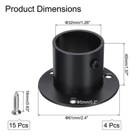 sourcing map 4Pcs Stainless Steel Closet Rod Brackets, 1.25inch Dia Wardrobe Holder for Pipe, Shower Curtain Rod Pole End Supports Sockets Flange with Screws, Black