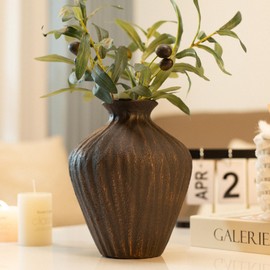 Black Ceramic Vase 7.95 Inch – Handmade with Hand-Painted Gold Detailing – Sculptural Art Decor for Modern Minimalist Home – Organic Tabletop Flower Vase for Living Room or Shelf