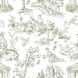 VEELIKE Green Toile Wallpaper Peel and Stick Vintage French Country Wallpaper for Bedroom Bathroom 17.7''x118'' Removable Prepasted Green Chinoiserie Wall Mural Contact Paper for Walls Cabinets Shelf