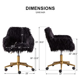 GOOLON Fluffy Desk Chair, Faux Fur Furry Home Office Chair, Fuzzy Swivel Armchair with Wheels, Height Adjustable Silver Base for Girls, Bedroom, Black