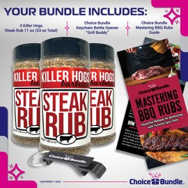 Killer Hogs Steak Rub Premium BBQ Barbecue Spice Seasoning 3 pk (33 oz) + Guide & Bottle Opener (5 Items)!