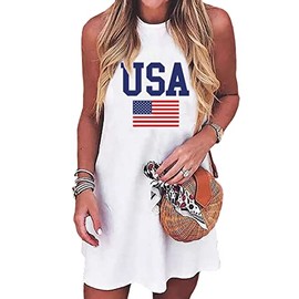 jusgai American Flag Tank Dresses for Women USA Flag Stars and Stripes Patriotic July 4th Mini Dresses Beach Sundress(White-2, X-Large)