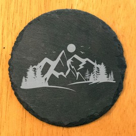 "Mountain Majesty" Slate Coasters with Stunning Mountain Scene Design - Perfect for Home and Office Decor and Protection of Surfaces, available in square or round Coasters - Round Slate - set of 4