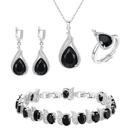 EleQueen Stunning Cubic Zirconia Bridal Necklace Leverback Earrings Adjusatable Ring Bracelet Jewelry Set for Women, Silver-Tone Black Water Drop Crystal Wedding Jewelry for Party Prom, Anniversary/Valentine's Day/Mother's Day Jewelry Gift for Brides/Wif
