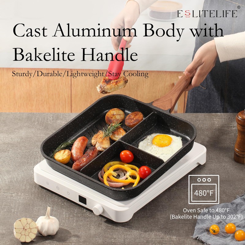 ESLITE LIFE 11 Inch Nonstick Divided Grill Pan with Lid