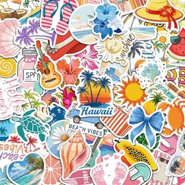 102Pcs Summer Tropical Beach Stickers, Hawaii Scenery Decal Waterproof Vinyl Funny Stickers for Water Bottles Cup Laptop Mobile Phone Skateboard Cartoon Teens Party Supply Tropic Decals as Gifts