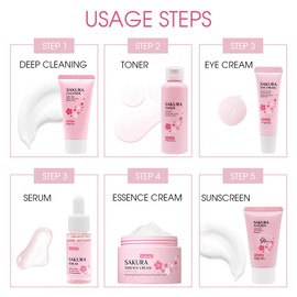 Fengyang® 6 Teiliges Geschenkset Hautpflegeset Für Frauen, Sakura Hautpflegeset, Hautpflege-Sets, Sanfte Haut Reinigung, Gesichtspflege-Werkzeug Kirschblütenextrakt (6-set)