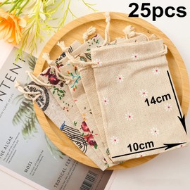 HERZWILD 25pcs Cotton Drawstring Bags 10X14cm Burlap Gifts Bag with Drawstring Fabric Gift Bags for Wedding/Party/Festival/Storage/Decorating/DIY Bag (3.9 x 5.5 inch) (A Type)…