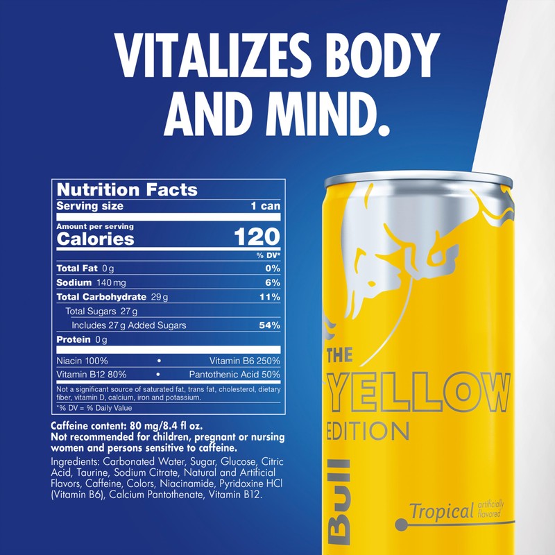 Red Bull Yellow Edition Energy Drink, Tropical, with 80mg Caffeine