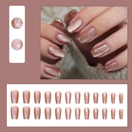 KAVI' S 24pcs French Tip Stick on Nails Cat Eye Press on Nails Nude Gradient Glitter Fake Nails Ballerina Acrylic Butterfly Pattern False Nails Jerry Glue for Women Girls Nail Art