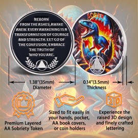 Leafence Sober Coin for Reborn Raptor Sobriety Chip Dinosaur Recovery Medallion with Inspirational Quote AA/NA Token AA NA Chips Gift for Men & Women (Reborn Dinosaur, 3 Years)
