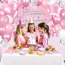 Pink Birthday Party Decorations Light Pink Happy Birthday Decorations Pink and White Birthday Backdrop Banner with Heart Star Foil Balloons Tablecloth for Girls Women Kids Birthday Party Supplies