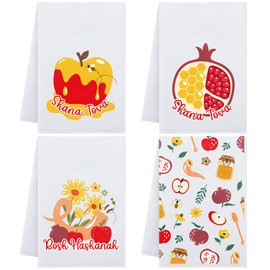 Preboun 4 Pcs Rosh Hashanah Kitchen Towels Shana Tova Dish Towels Jewish Holiday Hostess Gift Kitchen Decorations Printed with Cartoon for Home Cleaning Cooking Bathroom