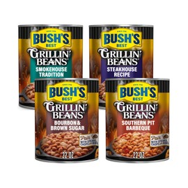 Bush's Best Grillin' Beans Variety Pack, 4 Flavors, 1 of Each Flavor (Smokehouse Tradition 22oz, Southern Pit Barbecue 22oz, Steakhouse Recipe 22oz, Bourbon & Brown Sugar 22oz)