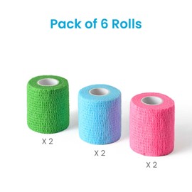 WePet Pet Wrap, Self-Adhesive, Only Sticks to Itself, Non-Woven Tape for Dog Legs, Paws, Wounds, First Aid Cohesive Gauze for Horse, Cat, Bird, Animal, 6 Rolls, 2 Inch, Solid Color B