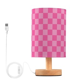 KOPIRIT Pink Checkered Table Lamp for Bedroom Bedside Lamps Small Nightstand Lamp with USB Charging Cable for Office Living Room Desk Decor