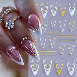 French Line Diamond Nail Art Stickers 3D Self-Adhesive Exquisite Gold and White French V Designs Nail Decals Irregular Metallic French Line Pearls Nail Supplies for Women Girls DIY Nail Decoration