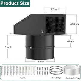 8 Inch Hooded Wall Vent with Screen and Damper, Outdoor Wall Exhaust Vent Cover Cap Kit for Exterior Kitchen Range Hood Bathroom Ventilation Dryer HVAC Duct Air Exhaust Vents, Galvanized Steel, Black