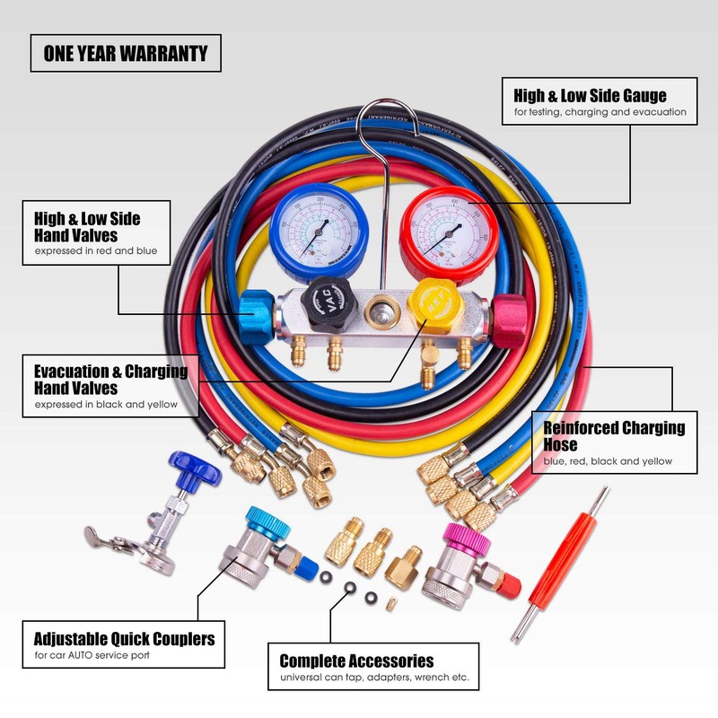 BACOENG Pro 4 Way AC Diagnostic Manifold Gauge Complete Set