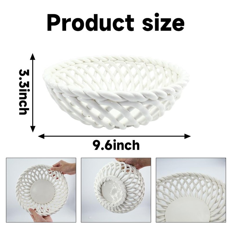 JBESUHI 9.6 Inch Woven Ceramic Fruit Bowl with Drain Holes