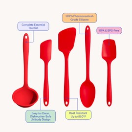 GIR: Get It Right - 5 Piece Silicone Utensil Set - Ladle, Spatula, Flip, Spoon & Spoonula - Non-stick - Heat Resistant - Dishwasher Safe - Kitchen Utensils - Baking Supplies - BPA & BPS Free - Red