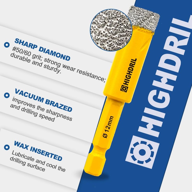 HIGHDRIL Dry Diamond Drill Bits Set 5pcs - 6/8/10/12mm Quick