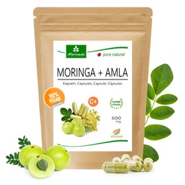 Moringa + Amla Capsules 600 mg - Immune System and Energy - 2 Month Supply - Moringa Oleifera Leaf Powder and Amla Powder with Natural Vitamin C - Vegan and Gluten-Free - 120 Caps of MoriVeda