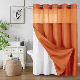 No Hook Shower Curtain with Snap in Fabric Liner, Waffle Weave Heavy Duty Thick Shower Curtains with Mesh Top Window, Hotel Style Waterproof Bathroom Curtain Set, 72 x 75 Inch, Burnt Orange