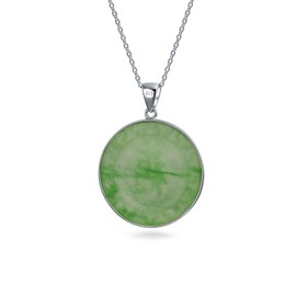 Asian Style Framed Circle Round Medallion Good Fortune Fu Character Chinese Symbol Dyed Green Jade Disc Pendant Necklace For Women .925 Sterling Silver