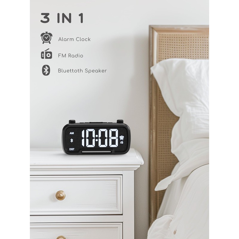 Radio Alarm Clock Besides with Bluetooth Speaker and Night Light,