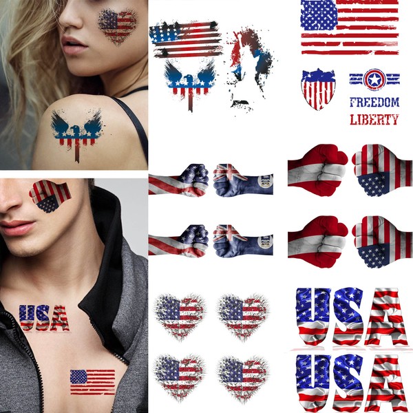 Dopetattoo 12 Sheets Temporary Tattoos Independence Day Usa 4Th July America Flag Hand Face Tattoos Eagle Fake Tattoos for Women Girls Men Adults