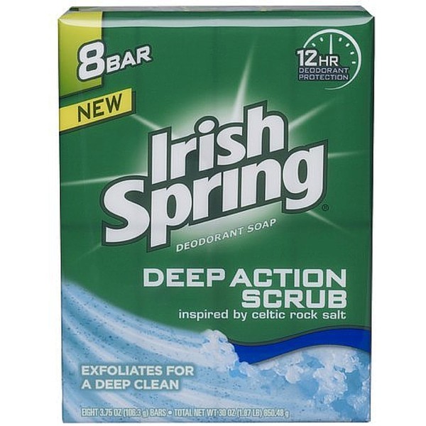 Irish Spring Deodorant Soap Bars Deep Action Scrub with Scrubbing Beads, 3.75 Ounce 8 Count Pack of 2