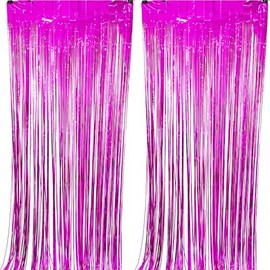 CYBERNOVA 2 Pack Fringe Curtain Backdrop, 3.2Ft x 6.6Ft Metallic Tinsel Foil Fringe Streamers Curtains Background for Wedding Birthday Anniversary Graduation Party Decoration (Bright Pink)