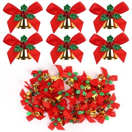Christmas Bow with Bells, 24pcs Christmas Tree Bows Bells Hanging Ornaments for Xmas Tree Wreaths Hanging Decorations New Year Party Decorations