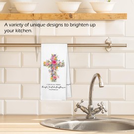XBBMGG Christian Religious Kitchen Towels, Scripture Bible Verse Gifts for Women Dish Hand Tea Towels, Cross Floral I Can Do All Things Through Christ Decorative Towel for Bathroom Kitchen, 16x24inch