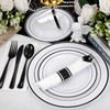 WELLIFE 350Pcs Black Plastic Dinnerware with Pre Rolled Napkins, Include:50