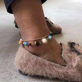 Inateannal Layered Eight Planets Ankle Bracelet Gold-Plated Beads Anklet Creative Solar System Beads Charm Ankle Chains Foot Jewellery for Women and Girls, Acrylic