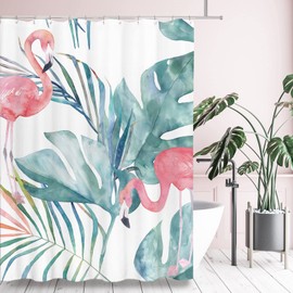 Tititex Flamingo Shower Curtain with Hooks, Tropical Exotic Leaves Graphic in Retro Style Multifunctional Waterproof Fabric Bathroom Decor Set 60 X 72 Inch