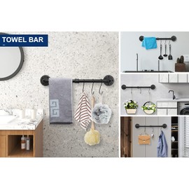 NearMoon 4 Pieces Industrial Pipe Bathroom Hardware Set, Include 18 Inch Towel Bar, Towel Ring, Toilet Paper Holder and Robe Hook, Heavy Duty Rustic Iron Decor Wall Mounted Accessories Kit (Black)