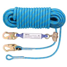 50FT Fall Protection Safety Rope - Heavy Duty Vertical Roof and Tree Climbing Rope, Equipped with Alloy Steel Clips, Shock-Absorbing Rope, Safety Harness, ANSI Certified.