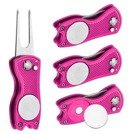 PATIKIL Golf Divot Repair Tool, 4 Pack Foldable Metal Golf Green Divot Tool with Magnetic Ball Marker & Stainless Steel Fork for Golfer, Fuchsia