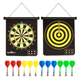 WIn SPORTS Magnetic Dart Board Kids Game,Two Sided Roll Up Dartboard,Indoor Outdoor Game,15 Inch Kids Darts Board,Includes 12 Magnetic Safe Darts,Easily Hangs Anywhere