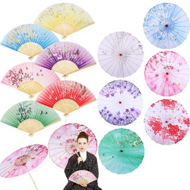 Dansydaisy 12 Pcs Oiled Paper Umbrella and Folding Hand Fan 32" Chinese Japanese Parasol Paper Fan for Wedding Party Cosplay