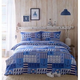 Portfolio Home Regatta Nautical Blue Single Reversible Soft Easy Care Bed Linen Bedding Duvet Cover Quilt Set With Pillow Case
