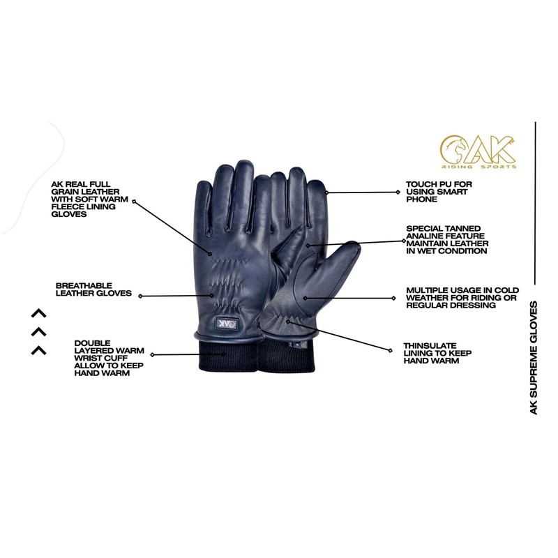 AK Supreme Winter Leather Horse Riding Gloves (Black, XS)