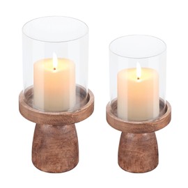 4" & 5" Glass Hurricane Candle Holders with Vintage Natural Solid Wooden Base in Set of 2, Decorative Centerpiece for Home, Coffee Table, Fireplace Mantel, Wedding, Modern Farmhouse Style