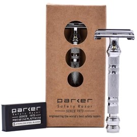Maquinilla de afeitar de seguridad de doble filo abierta Parker 66R Butterfly - Peso superpesado - 5 cuchillas premium incluidas.