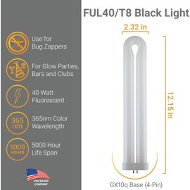 Diodesy- Fluorescent U-Bend T8 Black Light Bulb 40W U-Shaped Fluorescent Replacement Lamp UV Light 365nm Color Wavelength GX10q 4-Pin Base for Office School Club Party 5,000 Hour Life Span Pack of 4